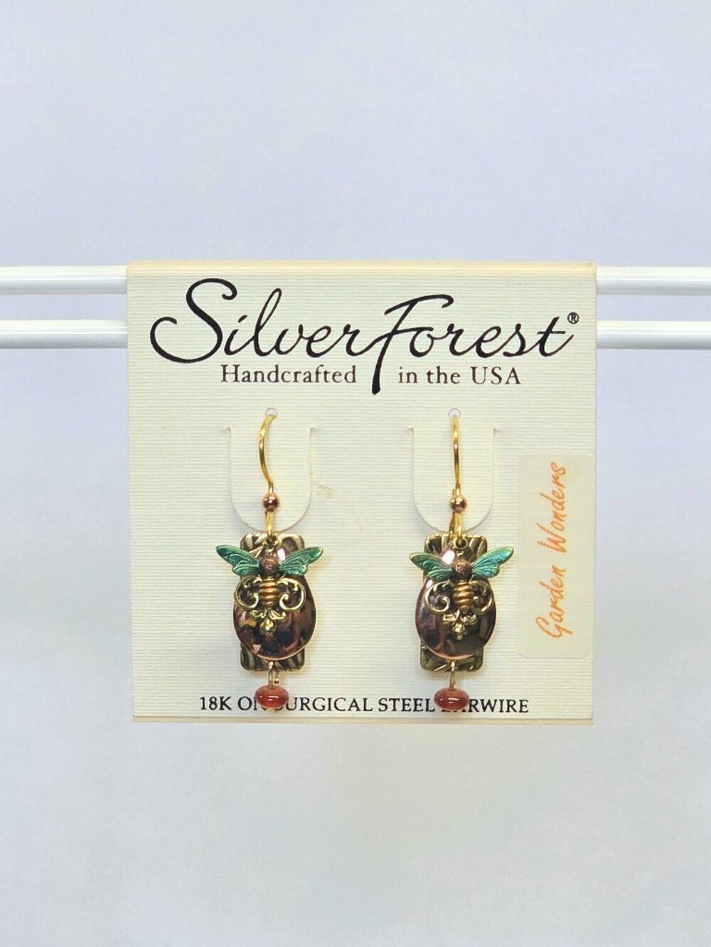 Silver Forest Rose Gold Teardrop with Gold Texture Bar, Bead and Bee Earrings